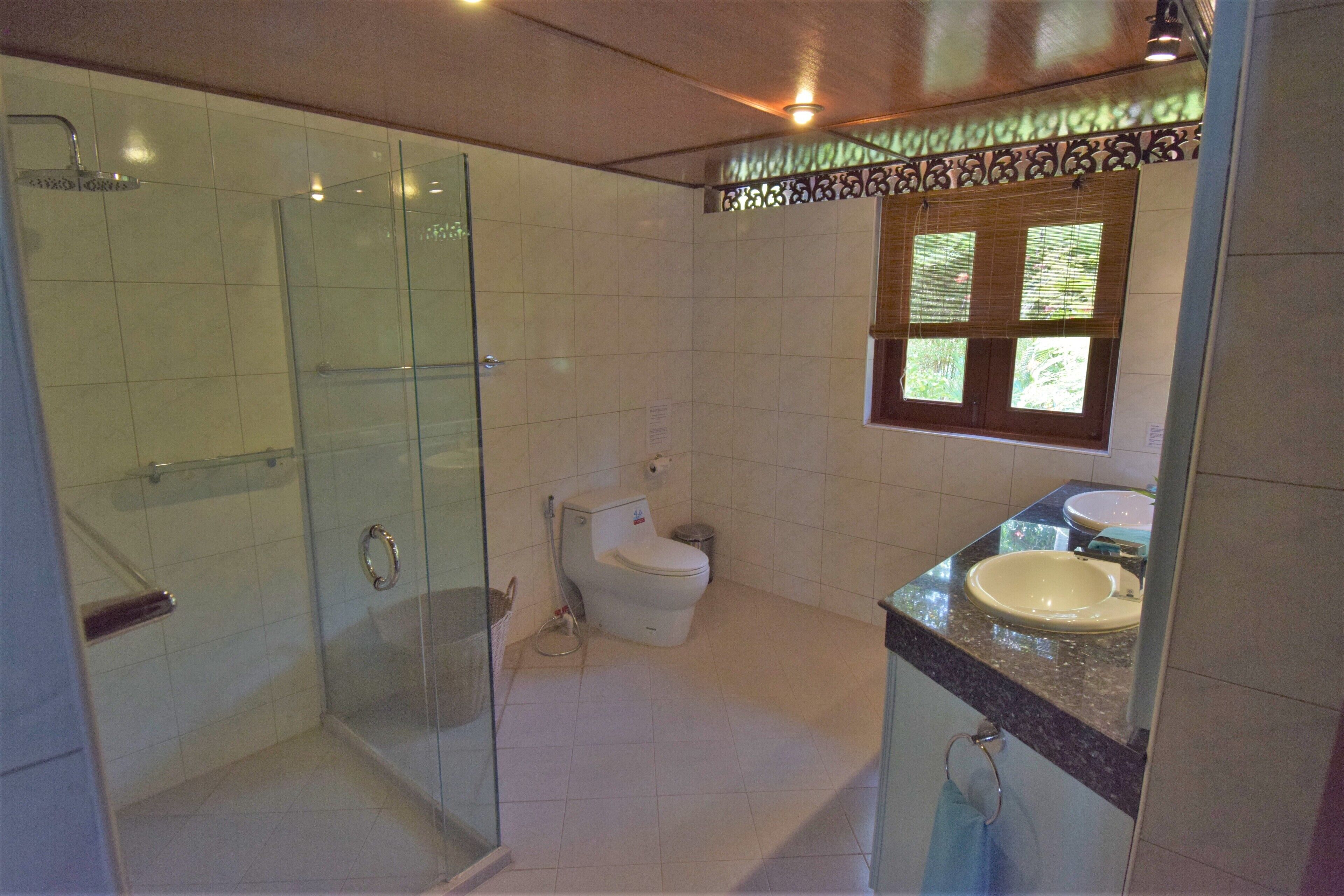 Un baño con ducha de vidrio, inodoro y lavamanos con espejo.