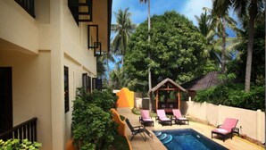 A pool area with lounge chairs, a small gazebo, and lush greenery. - 6 Bedroom Bay & Island View Twin Villa Koh Phangan SDV233/234-By Samui Dream Villas  (Ko Pha-ngan)