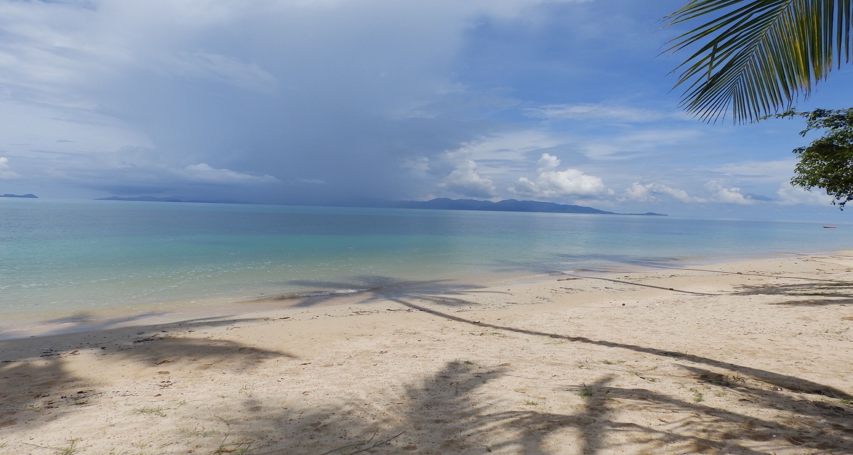 A beach with clear water, palm trees, and distant islands.