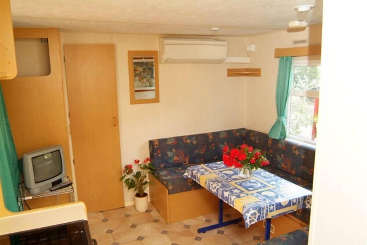 A compact RV interior with a sofa, a small table with a patterned tablecloth, a potted plant, and a television.