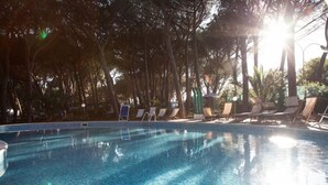 Ein Schwimmbecken mit klarem, blauem Wasser, umgeben von Bäumen und sonnigen Bereichen mit Liegestühlen.