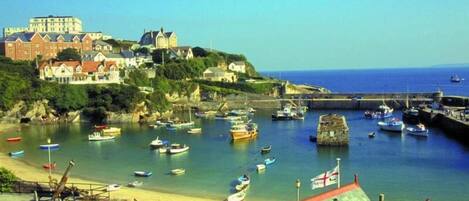 A coastal town with a marina, sandy beach, and buildings on a hill.
