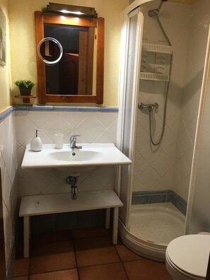 Une salle de bain avec un lavabo blanc, un miroir, une douche et des toilettes.