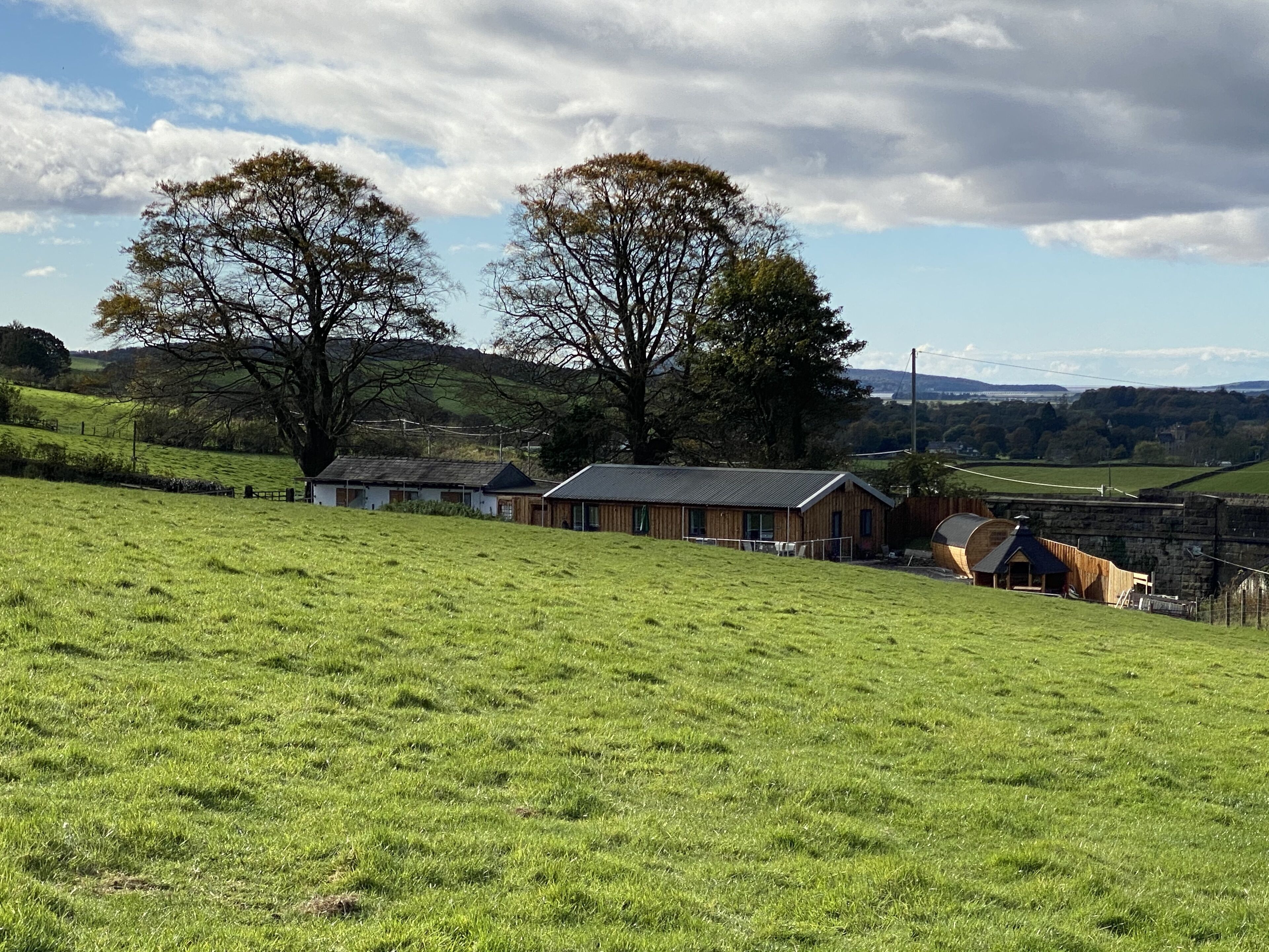 A rural landscape with a row of traditional stone buildings, a grassy field, and a large tree in the background.