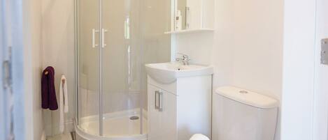 A modern bathroom with a glass-enclosed shower, a white toilet, and a sink.