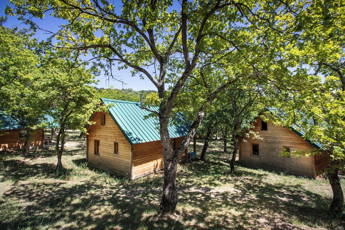 Une cabane rustique avec un toit végétalisé, entourée d’arbres et d’une pelouse.