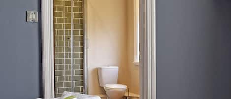 Habitación de hotel con cama, dos toallas, baño con inodoro y ducha, y un televisor montado en la pared.