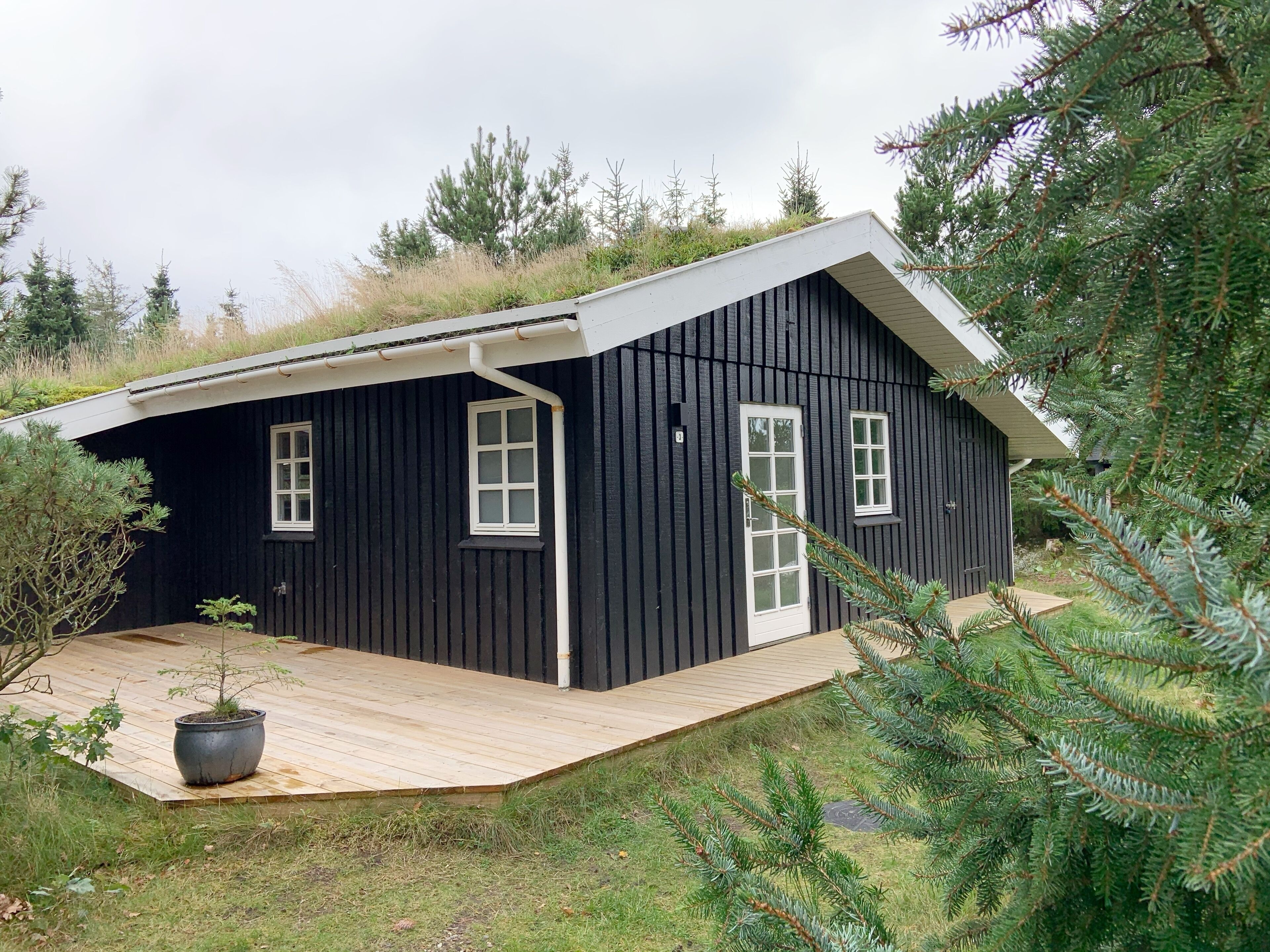 A black wooden cabin with a sloped roof, white trim, and a small porch area with a potted plant.