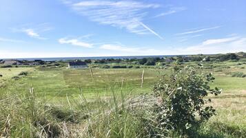 A rural landscape with a large open field, a white building, and a distant view of the sea.