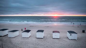 Beach huts aligned on the shore with the ocean in the background.