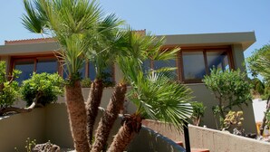 A modern building with large windows and a landscaped garden with palm trees. - Hotel Galman (Carloforte)