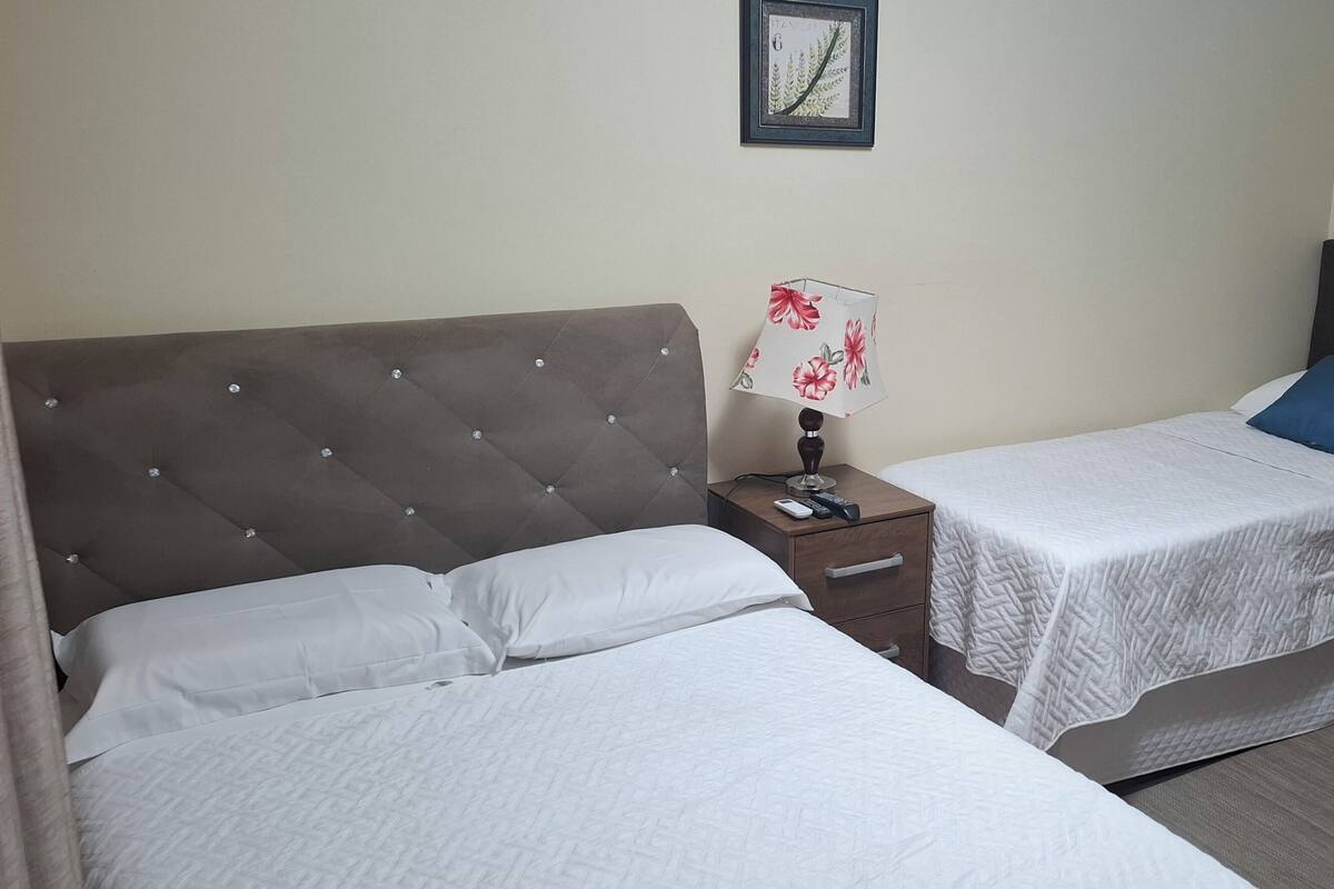 Habitación de hotel con dos camas, un armario, una mesita de noche con lámpara y un cuadro en la pared.