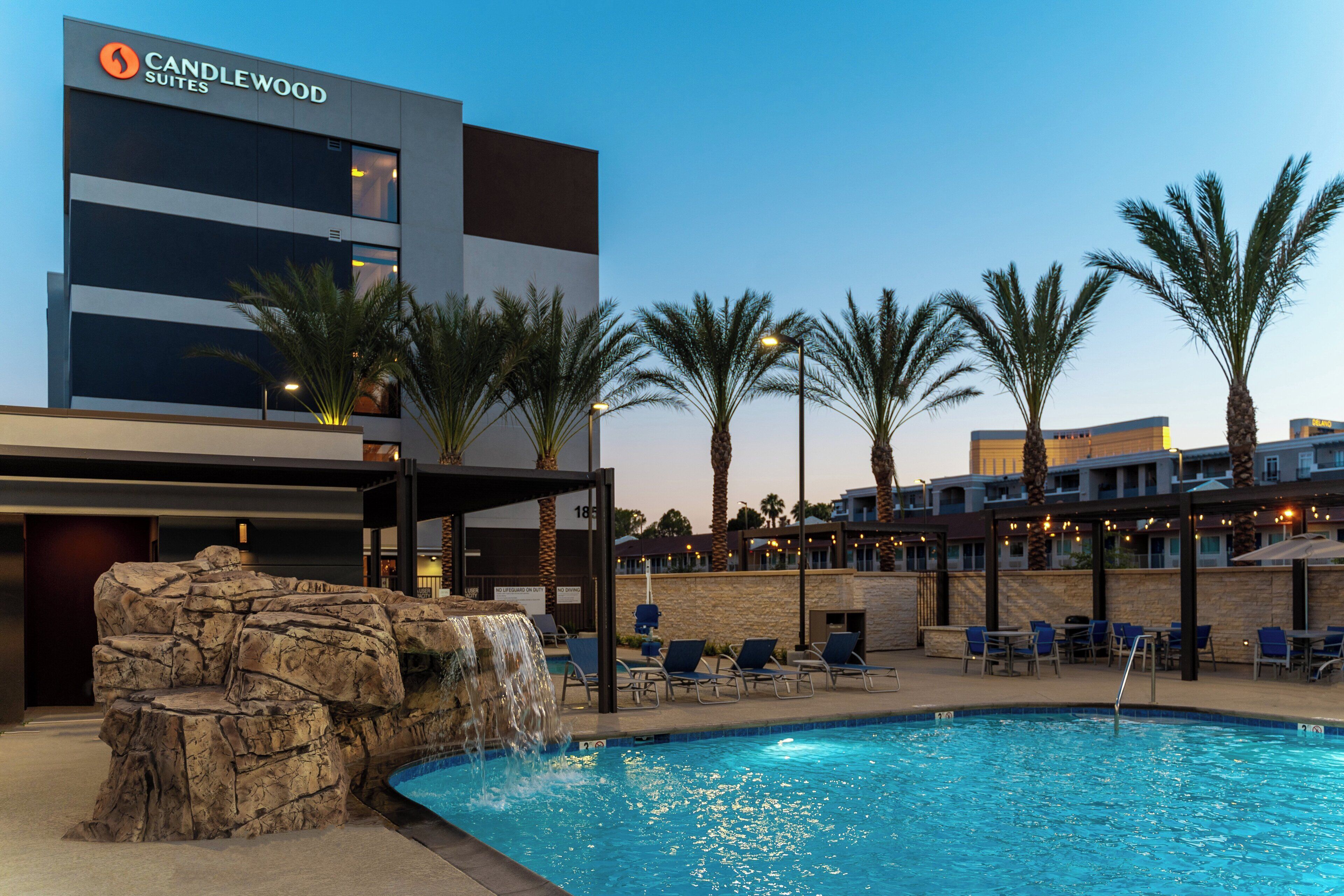 A hotel pool area with a rock feature, lounge chairs, and palm trees.