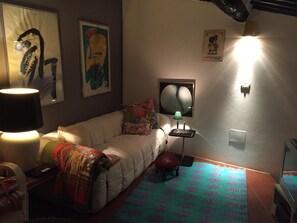 Televisio, takka, DVD-soitin, kirjoja