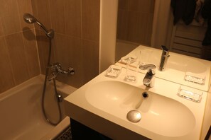 Bathtub, hair dryer, toilet paper