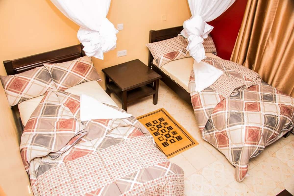Una habitación con dos camas, cada una con dosel, una mesita y un tapete estampado.