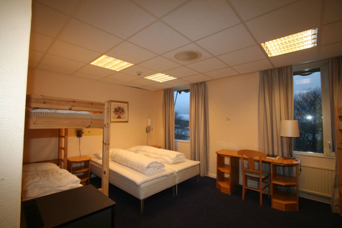 A hotel room with a bunk bed, a desk, a chair, a lamp, and a window with curtains.