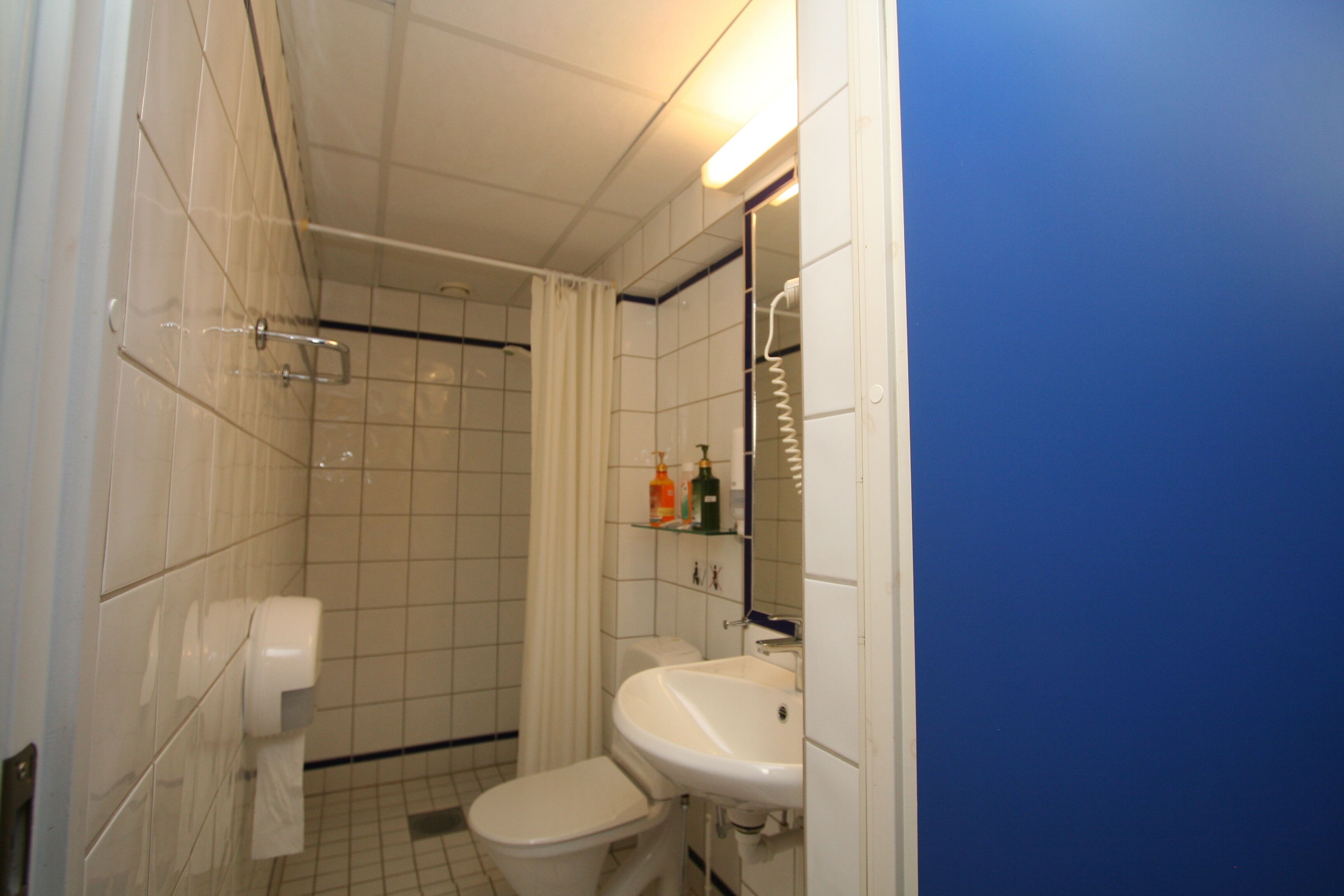 A small bathroom with a toilet, sink, and shower.