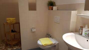 Een douche, een haardroger, handdoeken, zeep