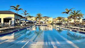 En swimmingpool med solstolar och parasoller, omgiven av palmer och hotellbyggnader.