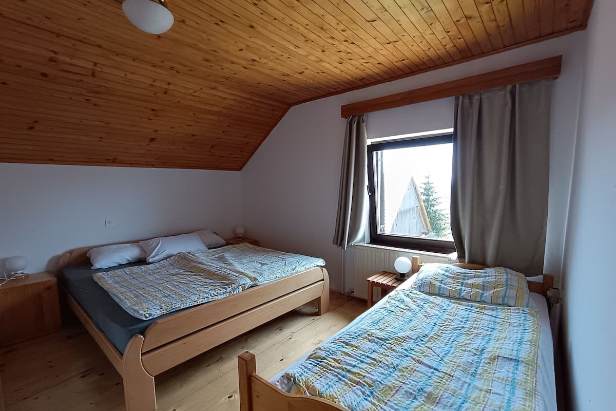 A bedroom with two wooden beds, a window with curtains, and a wooden ceiling.
