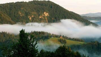 A mountainous landscape with a house nestled among trees, surrounded by fog.