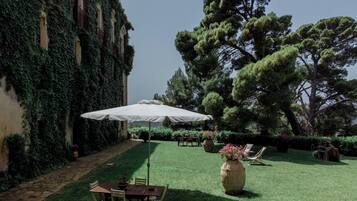 Une terrasse avec une table et des chaises, un parasol blanc et un grand arbre.