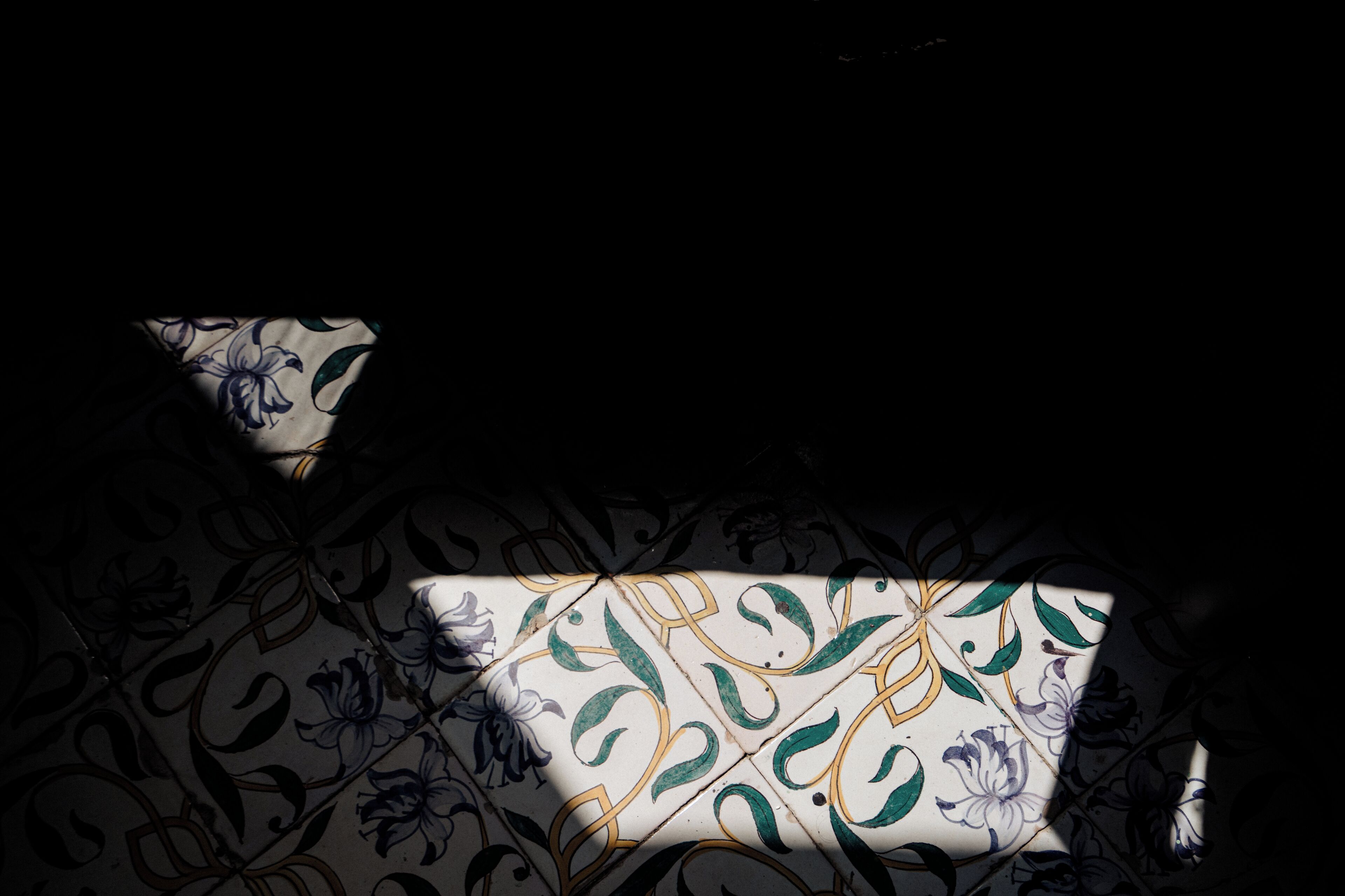 A patterned fabric with floral designs and a geometric pattern.