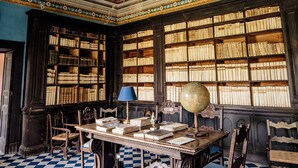 A library with ornate ceiling artwork, tall bookshelves, and a checkered floor. - Palazzo Mazziotti (Pollica)