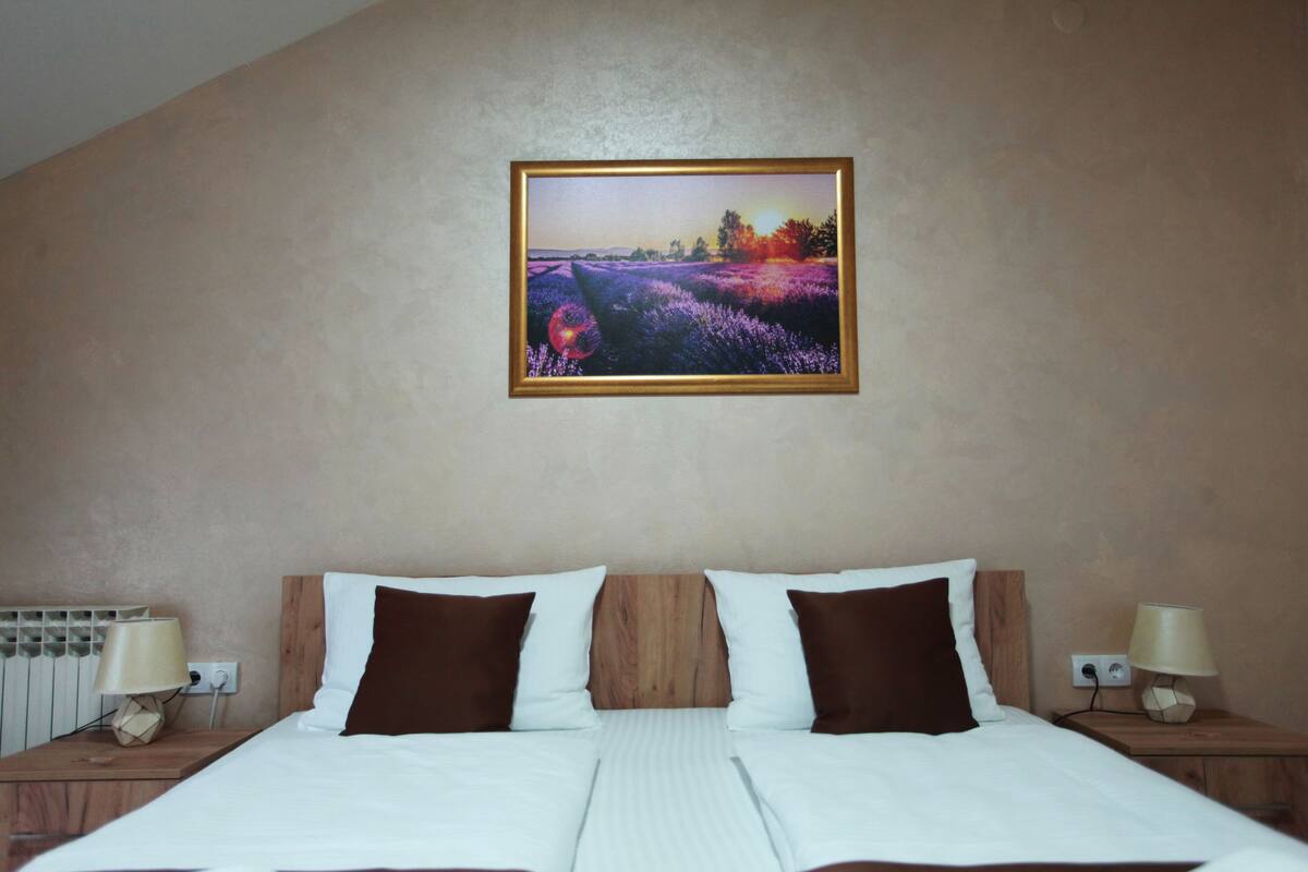 A hotel room with a large bed, two bedside tables, a nightstand, a wall-mounted picture, and a radiator.