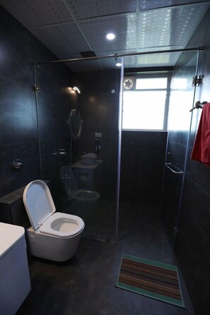 Douche, sĂšche-cheveux, serviettes fournies, savon