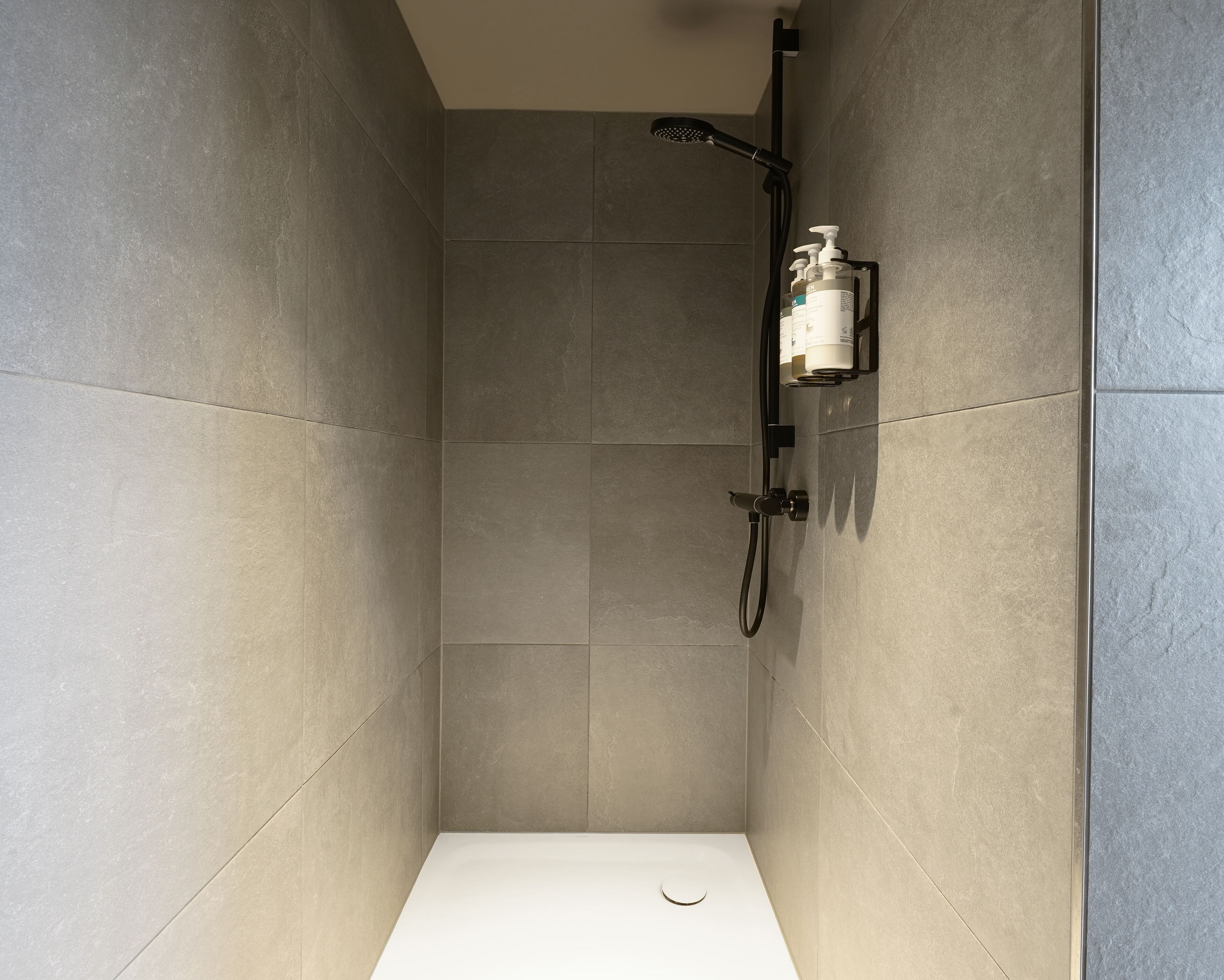 Une douche moderne équipée d’un pommeau de douche à main et d’un distributeur de savon fixé au mur.
