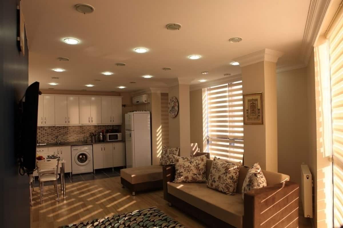 A compact living space with a kitchenette, a sofa with patterned cushions, and a dining area.