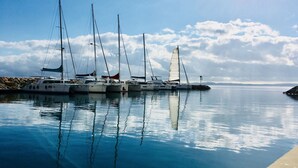 Un port de plaisance où sont amarrés plusieurs voiliers.