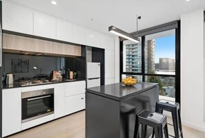 Fridge, microwave, oven, stovetop