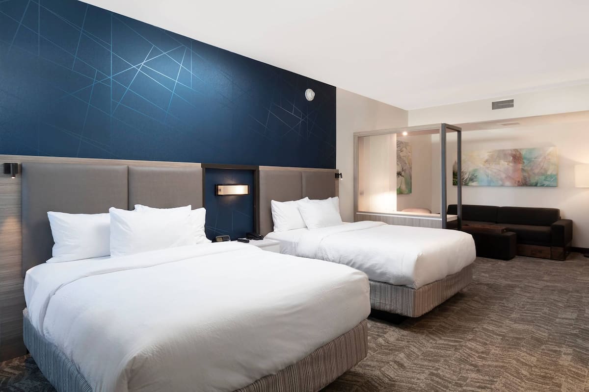 premium bedding, desk, laptop workspace, blackout curtains