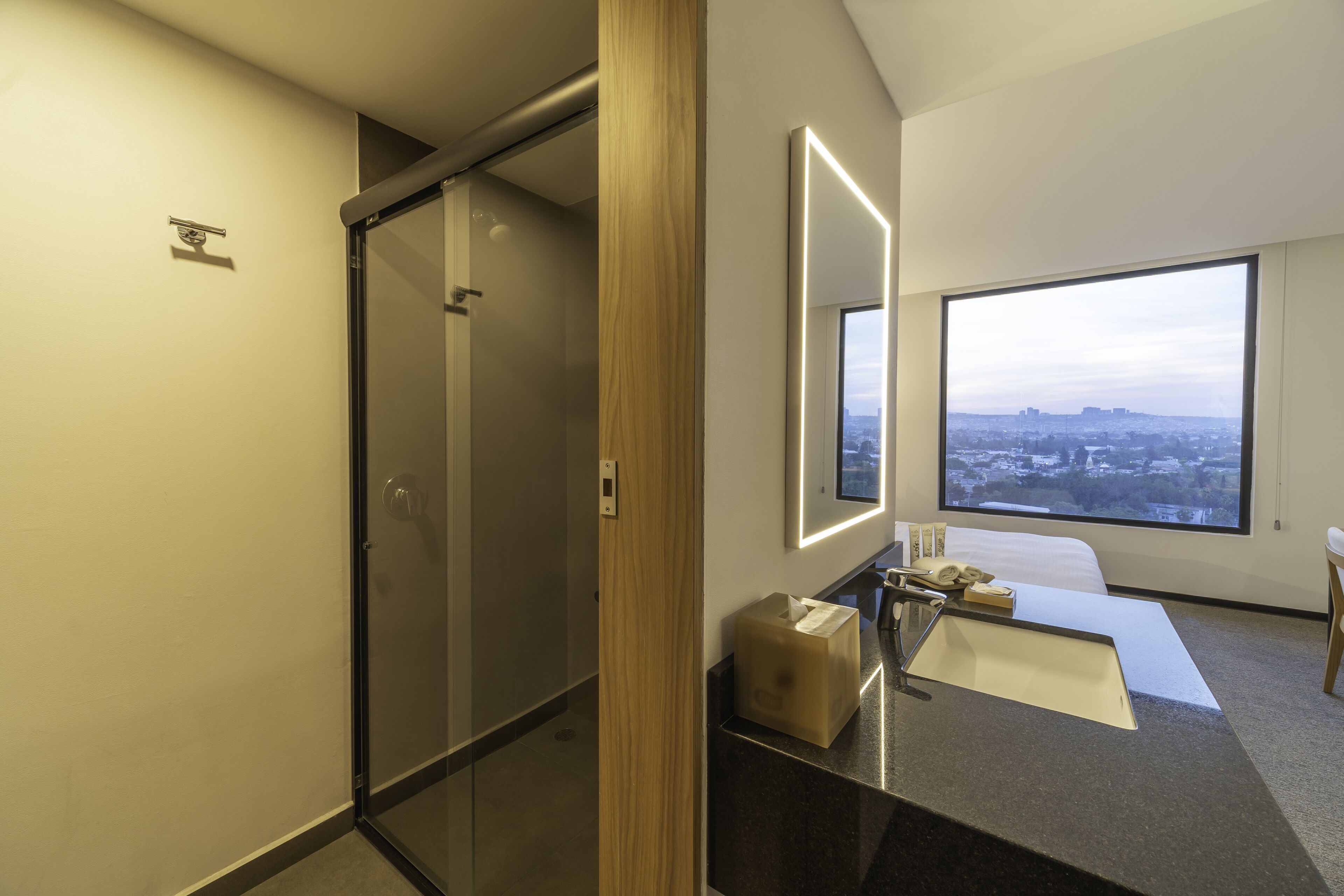 shower, designer toiletries, hair dryer, towels