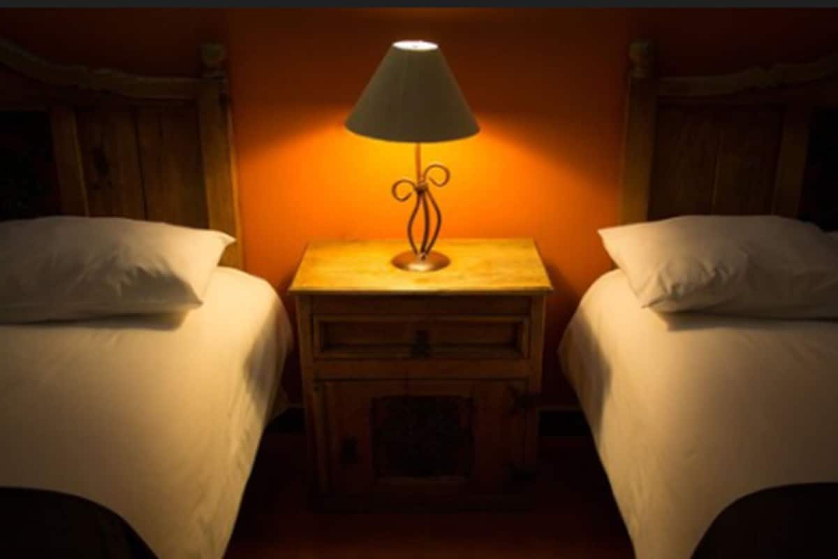 Una habitación con dos camas, una mesita de noche con lámpara y paredes de madera.