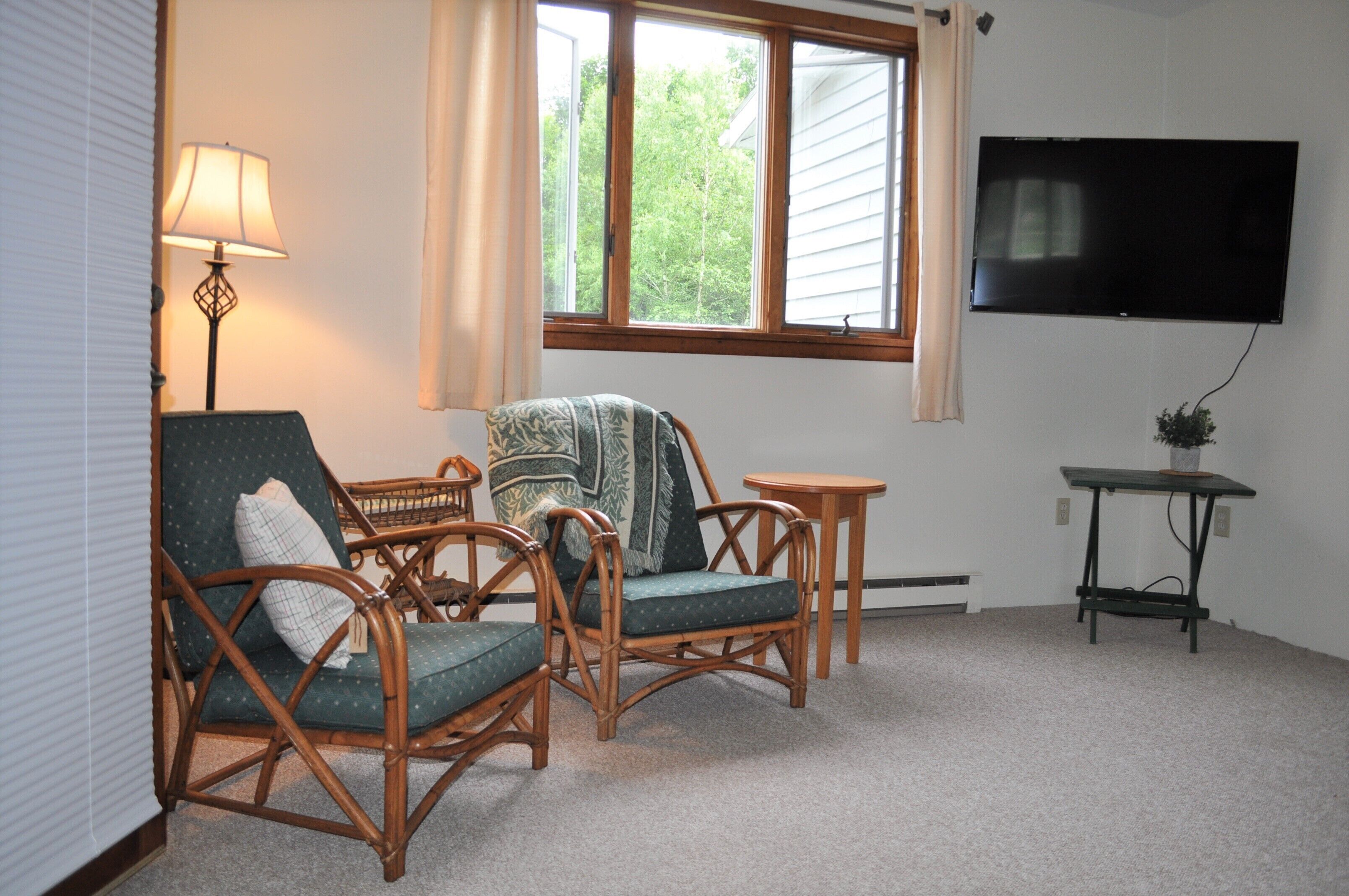 Een kamer met twee rieten stoelen, een tafeltje, een lamp, een televisie en een raam met uitzicht op bomen.
