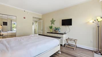 Hotellihuone, jossa on sänky, lipasto, taulutelevisio, kasvi ja lamppu.