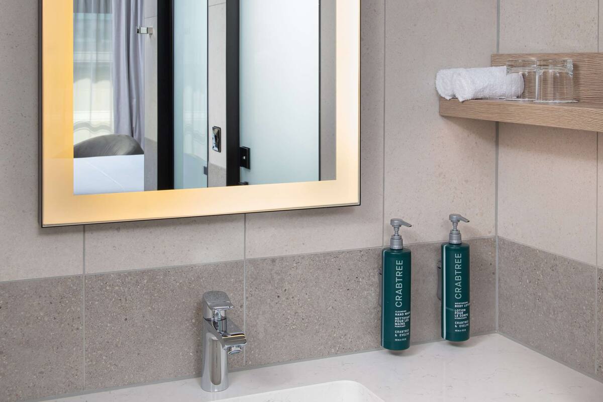 shower, rainfall showerhead, free toiletries, hair dryer