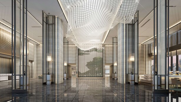 A spacious lobby with a high ceiling and a large mural of a traditional building. - Hilton Beijing Tongzhou (Tongzhou)