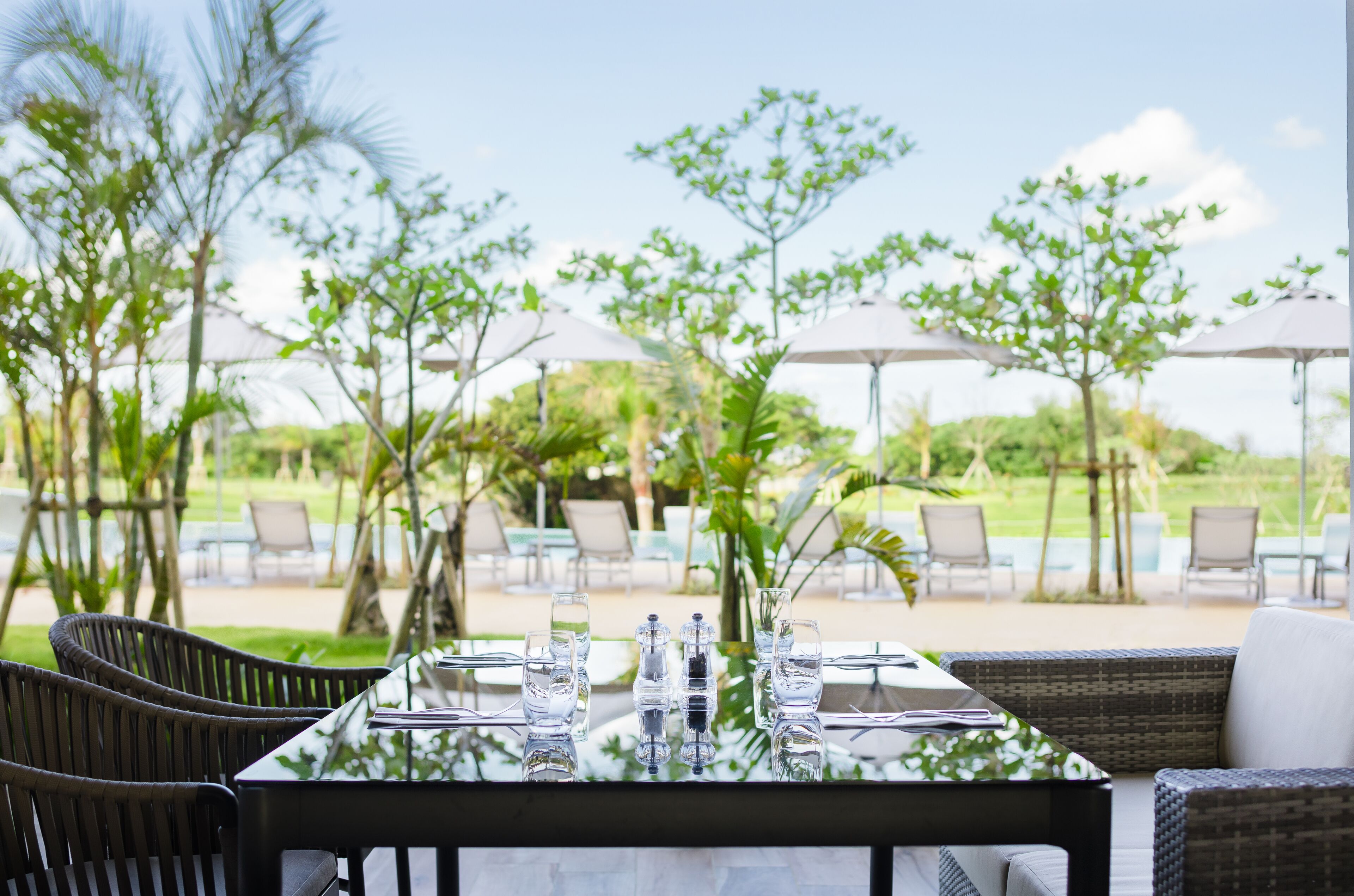Une table dressée pour un repas, avec des chaises, des parasols et de la verdure en arrière-plan.
