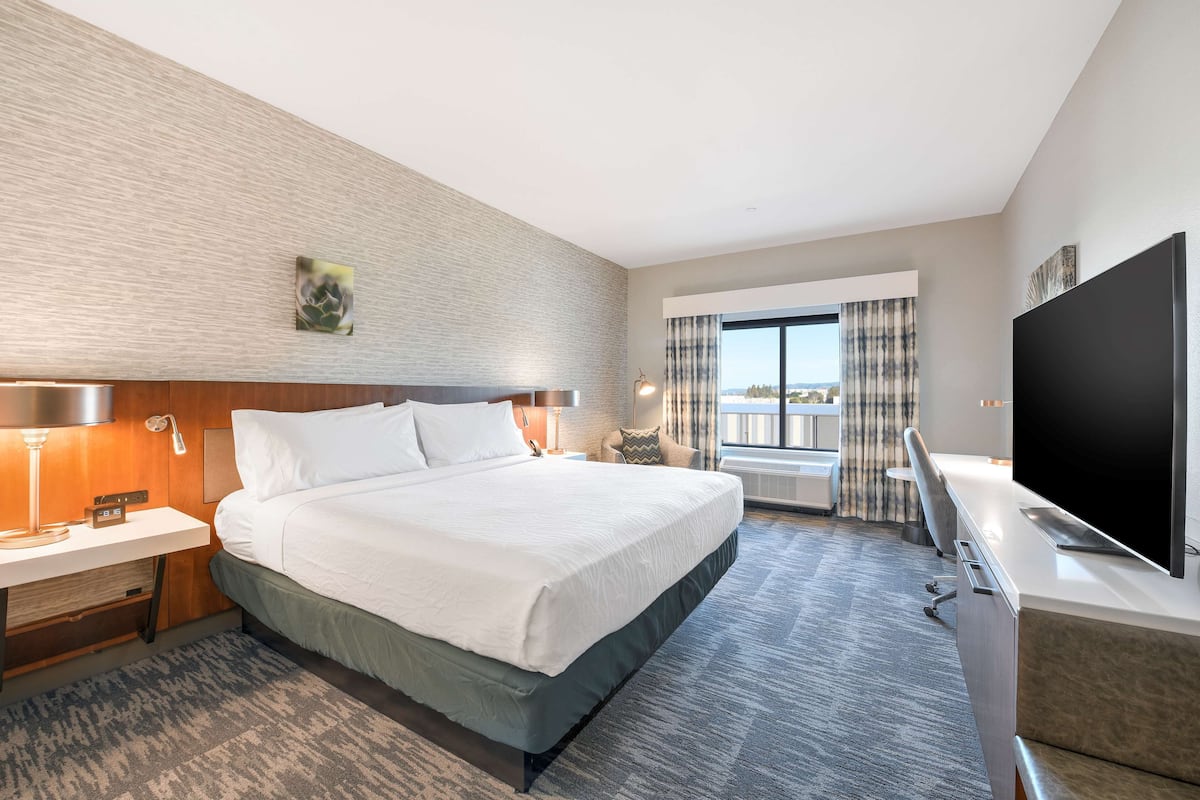 A hotel room with a large bed, a desk with a flat-screen TV, a window with curtains, and a view of the outdoors.