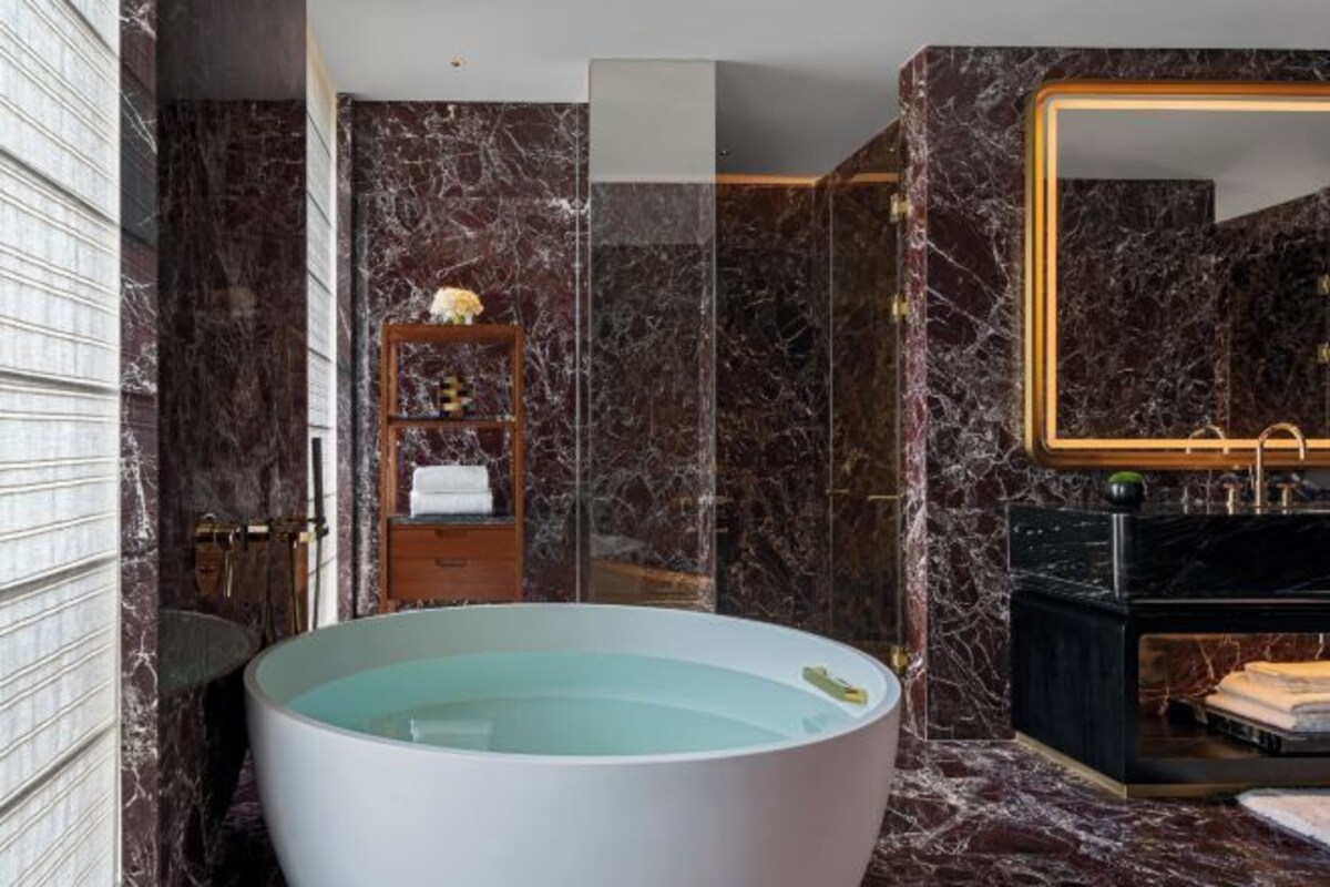 Bathroom | Separate tub and shower, rainfall showerhead, hair dryer, bathrobes