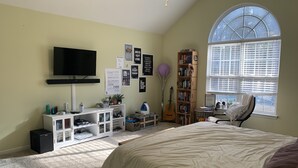 Une chambre avec un grand lit, un téléviseur fixé au mur, une bibliothèque, une guitare et une fenêtre avec des stores.