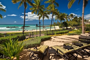 On the beach, sun loungers, beach towels