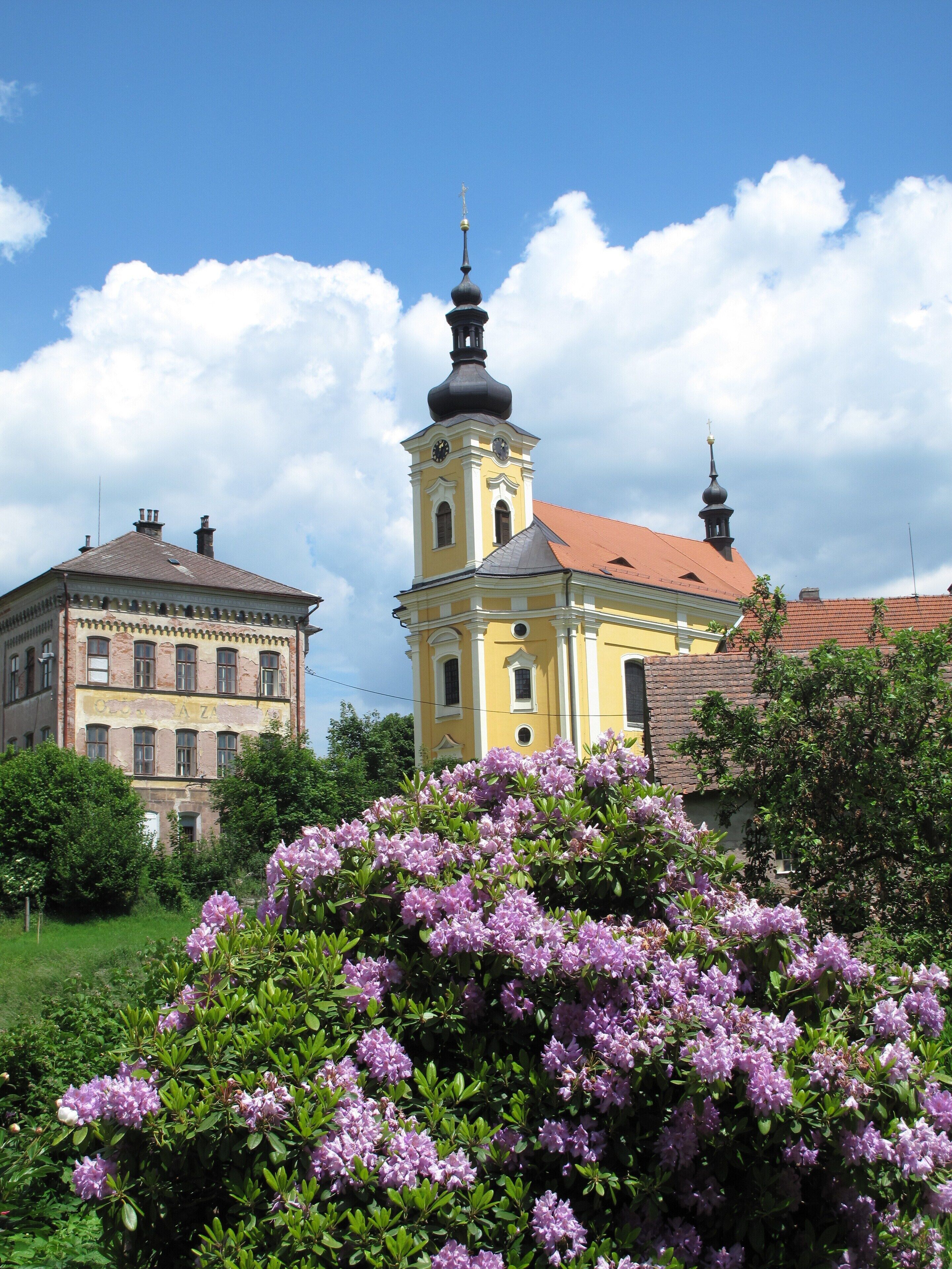 A historic building with a clock tower, surrounded by lush greenery and flowering bushes.