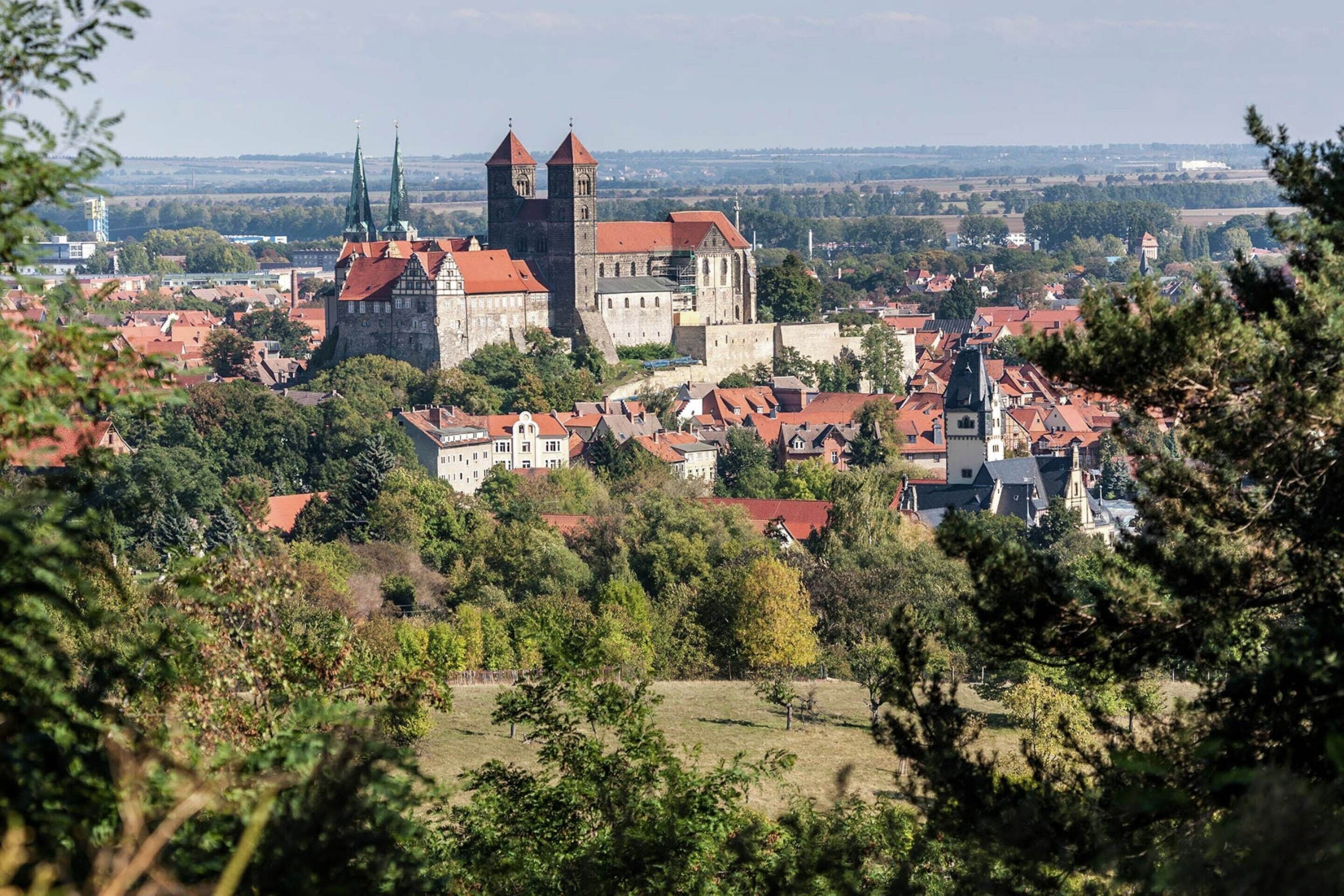 A historic town with a prominent castle featuring a tall tower, surrounded by residential buildings with red roofs.