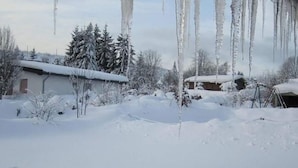 Et sneklædt landskab med istapper, der hænger fra træerne, et hus med sne på taget og en klar himmel.